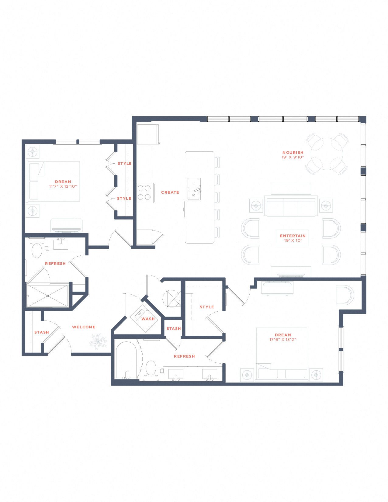 Floor plan for 2 beds, 2 baths, 1341 sqft